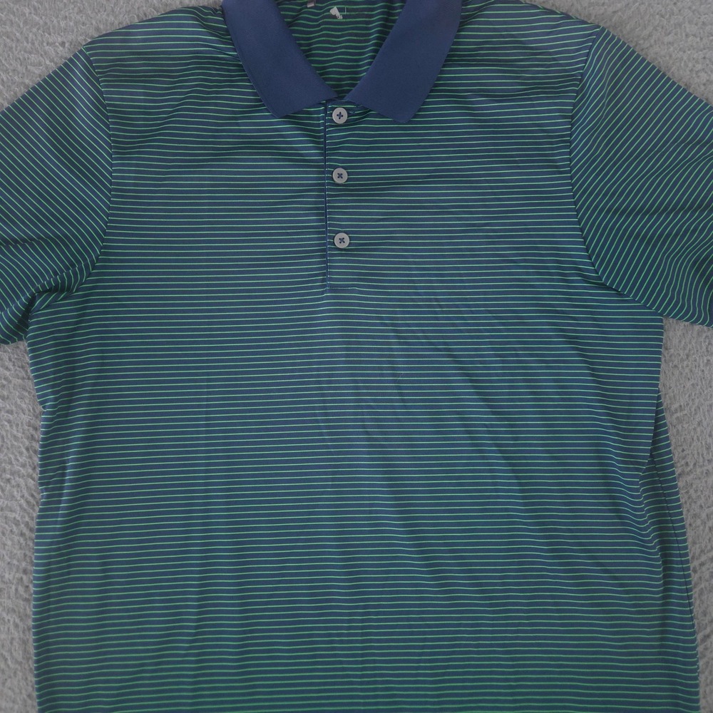 Adidas Polo Shirt Mens Medium Green Navy Striped Performance Short Sleeve Golf